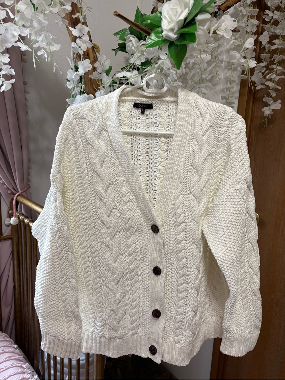 Quince Ivory Cable-Knit Button Cardigan